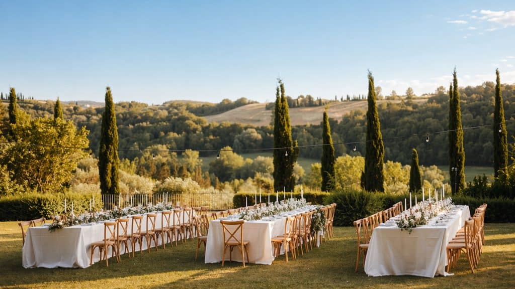 Gedekte tafels voor een buitenbruiloft in Toscane, met cipressen en heuvels op de achtergrond.