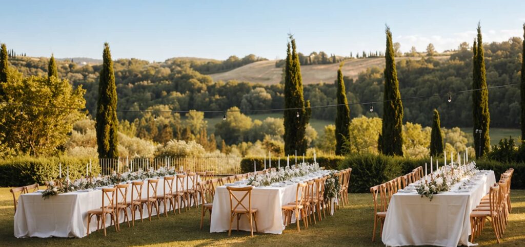 Gedekte tafels voor een buitenbruiloft in Toscane, met cipressen en heuvels op de achtergrond.